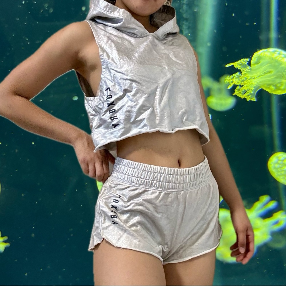 Forever21 Silver Festival Party Metallic Tank Sporty Athleisure Booty Shorts Set
